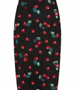 New In Collectif Fiona 50's Cherry Pencil Skirt Black Red Multi
