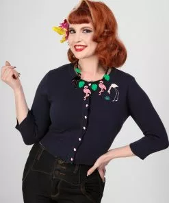 Collectif Lucy 50's Flamingo Palm Cardigan Navy 10 Collectif Lucy 50's Flamingo Palm Cardigan Navy