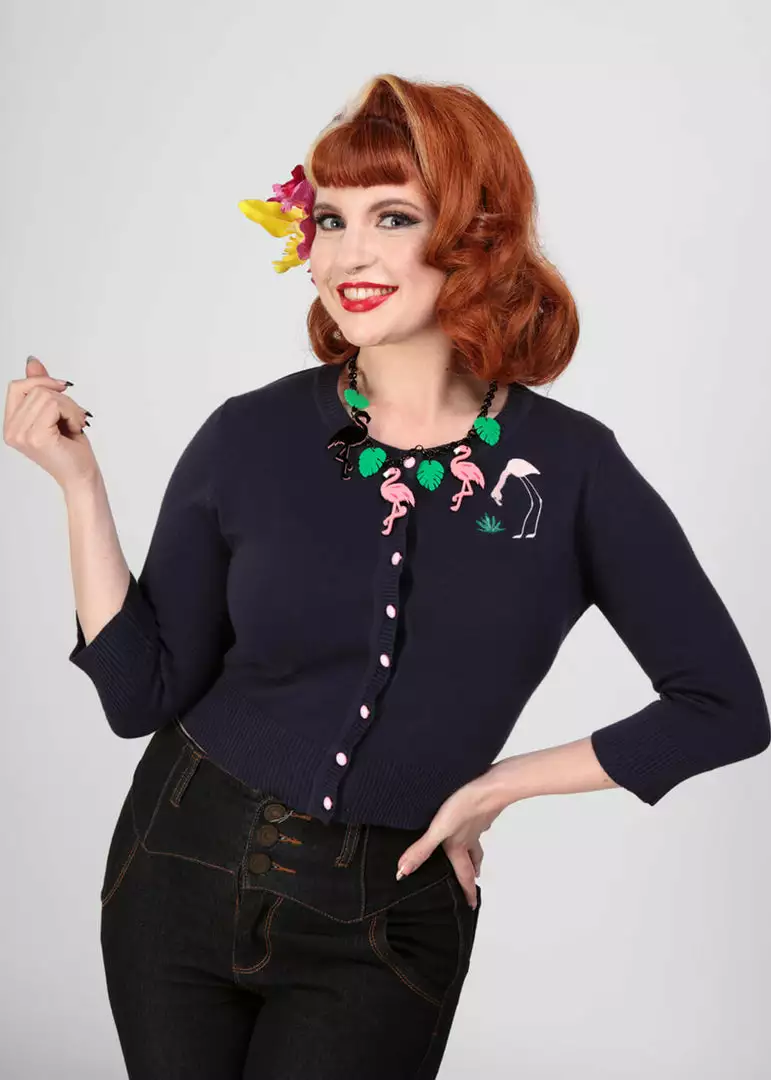Collectif Lucy 50's Flamingo Palm Cardigan Navy 5 Collectif Lucy 50's Flamingo Palm Cardigan Navy