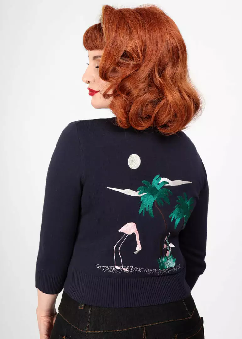 Collectif Lucy 50's Flamingo Palm Cardigan Navy 6 Collectif Lucy 50's Flamingo Palm Cardigan Navy