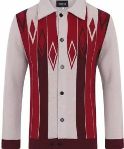 Collectif Men Luca Diamond Long Sleeve 60's Cardigan Red New In