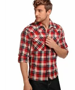 Collectif Men Tiago Mountain Check Shirt Red New In
