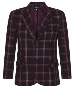 Collectif Men John Check Jacket Burgundy New In