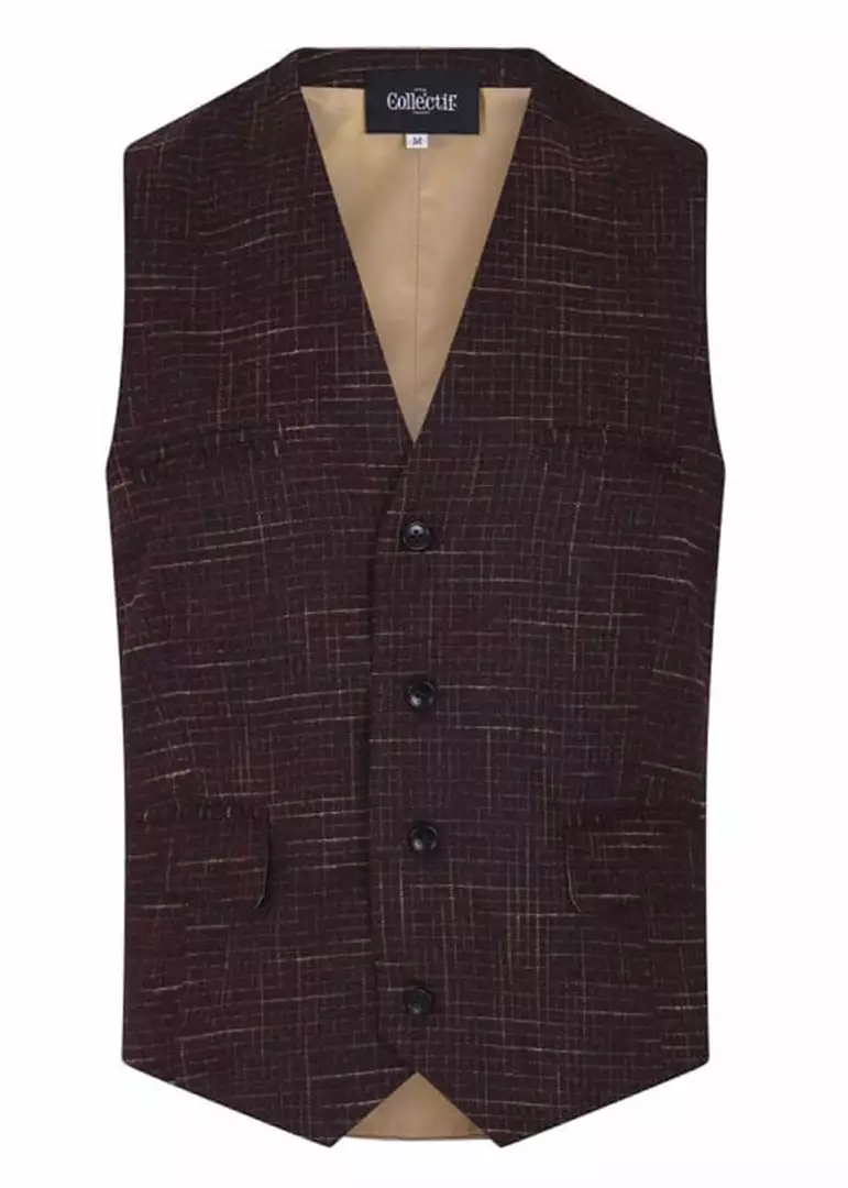 Collectif Men Max Crosshatch Waistcoat Burgundy 4 Collectif Men Max Crosshatch Waistcoat Burgundy