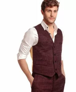 Collectif Men Max Crosshatch Waistcoat Burgundy