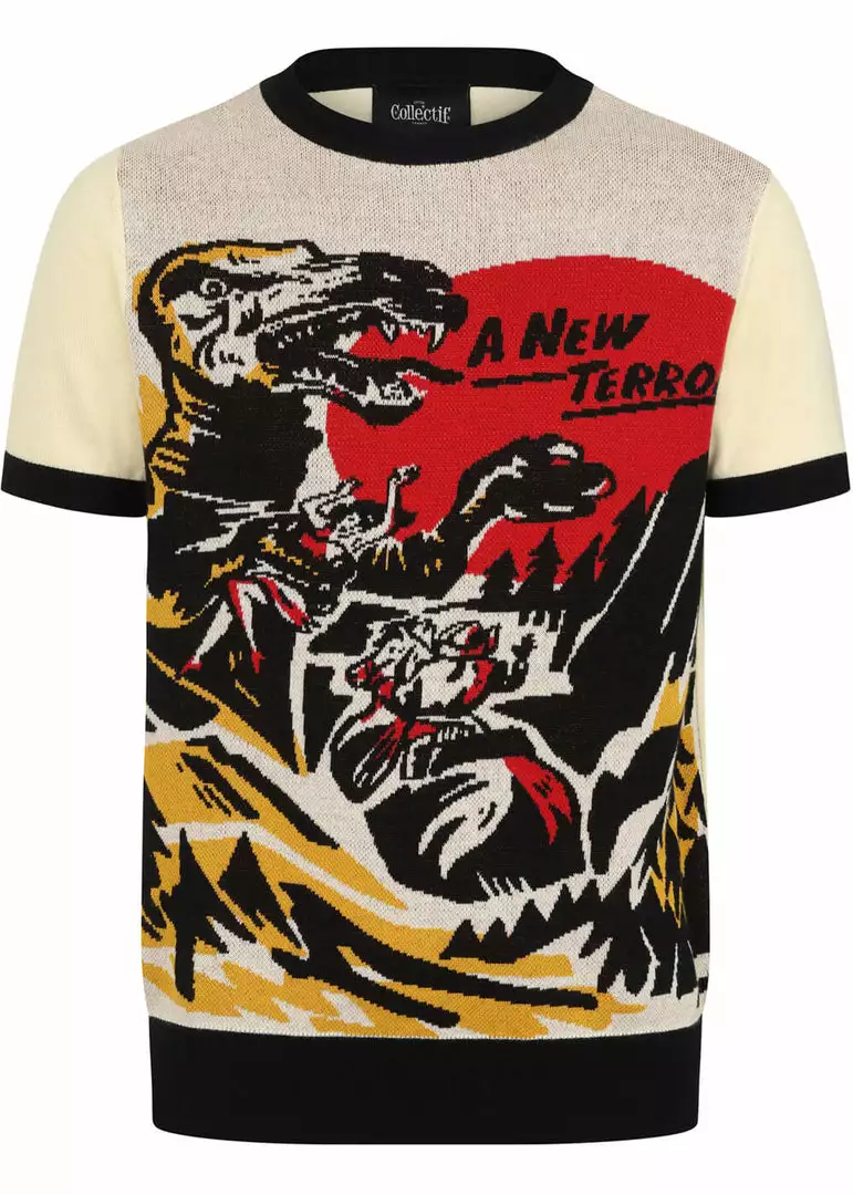 Collectif Men Scott Dino Attack Knitted 50's Top Cream New In 3 Collectif Men Scott Dino Attack Knitted 50's Top Cream New In