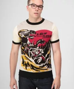 Collectif Men Scott Dino Attack Knitted 50's Top Cream New In