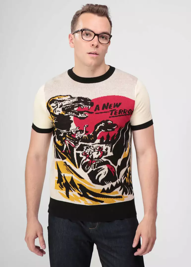 Collectif Men Scott Dino Attack Knitted 50's Top Cream New In 4 Collectif Men Scott Dino Attack Knitted 50's Top Cream New In