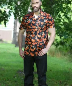 Collectif Men Oscar Pumpkins And Cats Shirt Black New In