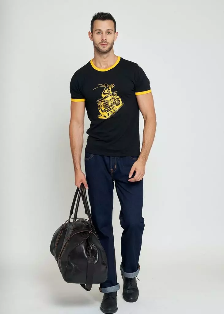 Collectif Mens Ringer Biker 50's T-Shirt Black Yellow 7 Collectif Mens Ringer Biker 50's T-Shirt Black Yellow