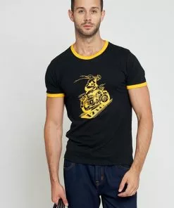 Collectif Mens Ringer Biker 50's T-Shirt Black Yellow