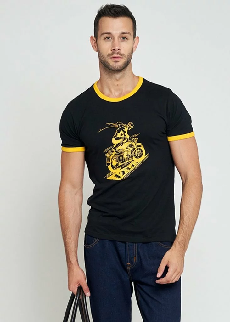 Collectif Mens Ringer Biker 50's T-Shirt Black Yellow 3 Collectif Mens Ringer Biker 50's T-Shirt Black Yellow