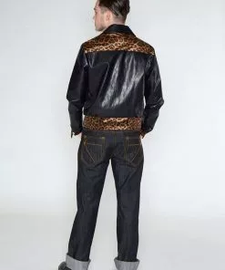 Collectif Mens Jonathan Leopard Contrast 50's Jacket Black New In