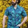 New In Collectif Mens Cesar Dark Palm Shirt Blue