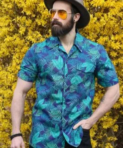 New In Collectif Mens Cesar Dark Palm Shirt Blue