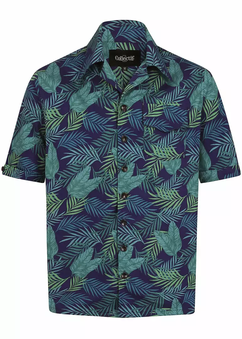 New In Collectif Mens Cesar Dark Palm Shirt Blue 4 New In Collectif Mens Cesar Dark Palm Shirt Blue