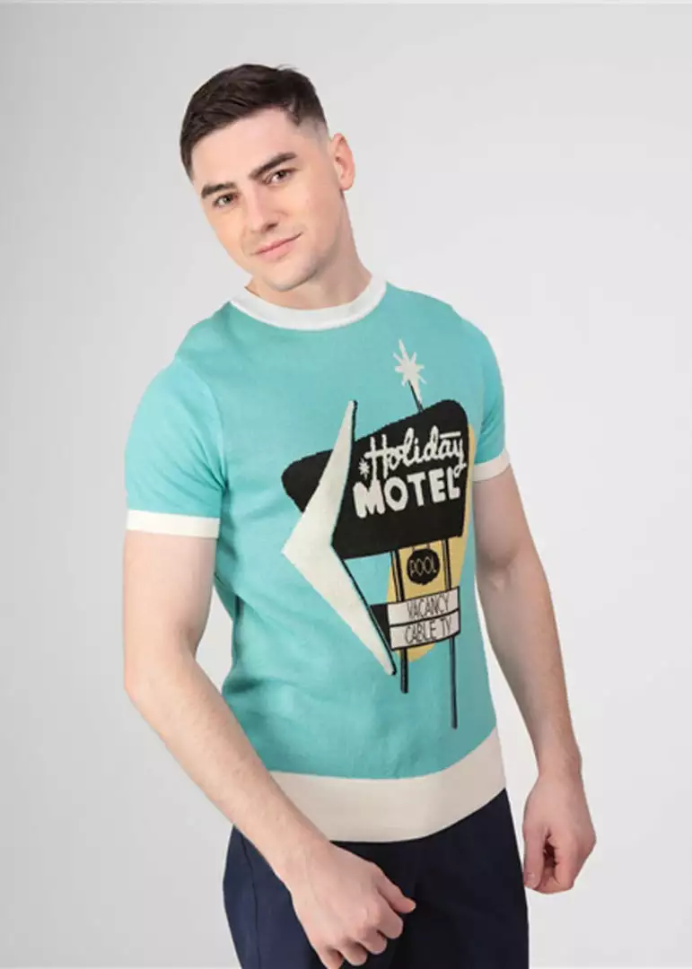 Collectif Mens Scott Motel 50's Knitted Top Blue 5 Collectif Mens Scott Motel 50's Knitted Top Blue