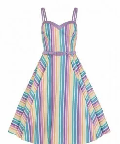 Collectif Nova Rainbow Stripes 50's Swing Dress Multi New In