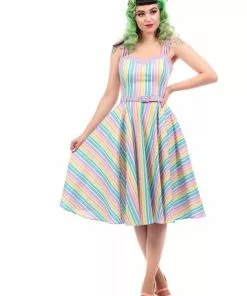 Collectif Nova Rainbow Stripes 50's Swing Dress Multi New In