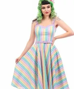 Collectif Nova Rainbow Stripes 50's Swing Dress Multi New In