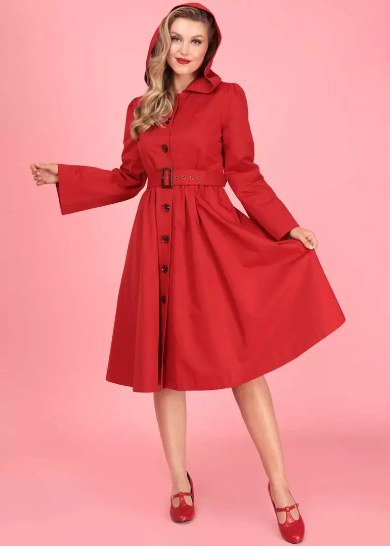 Collectif Sarah 50's Hooded Trenchcoat Red New In 3 Collectif Sarah 50's Hooded Trenchcoat Red New In