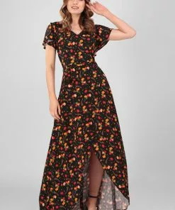 New In Collectif Sunny Ditsy Tulip Bloom 70's Maxi Dress Black