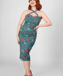 Collectif Kiana Hummingbird Eden 50's Pencil Dress Teal