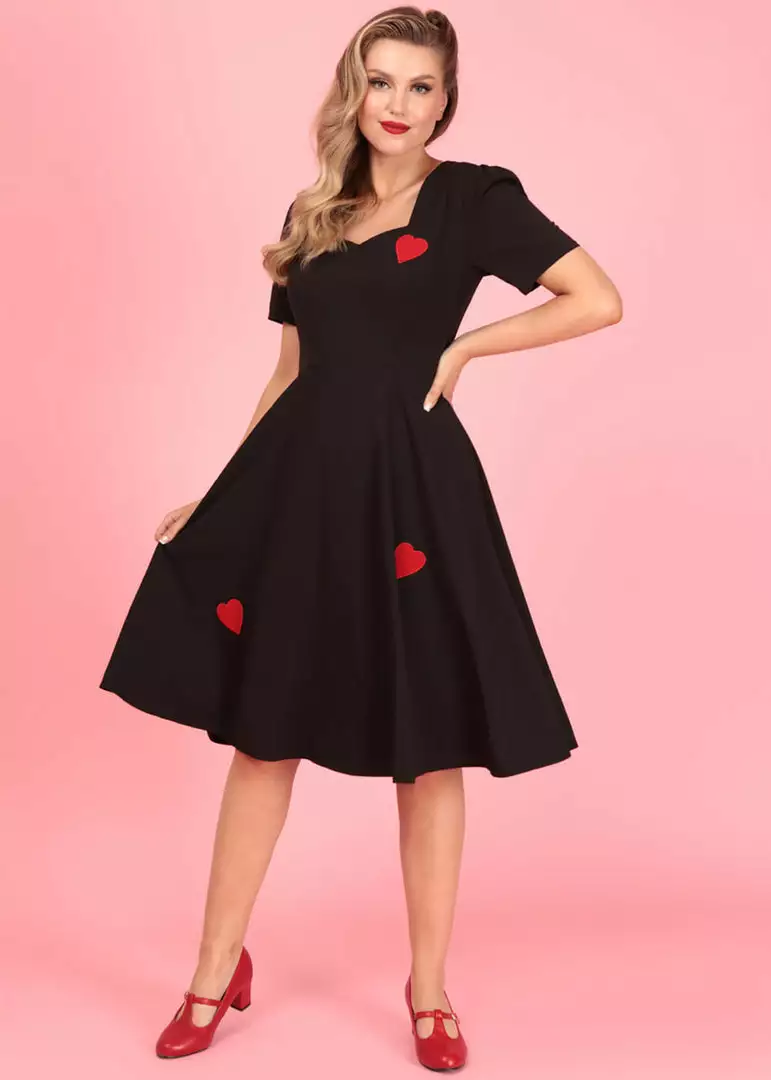Collectif Valentine Hearts 50's Swing Dress Black New In 3 Collectif Valentine Hearts 50's Swing Dress Black New In