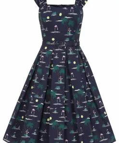New In Collectif Jill Flamingo Palm 50's Swing Dress Navy