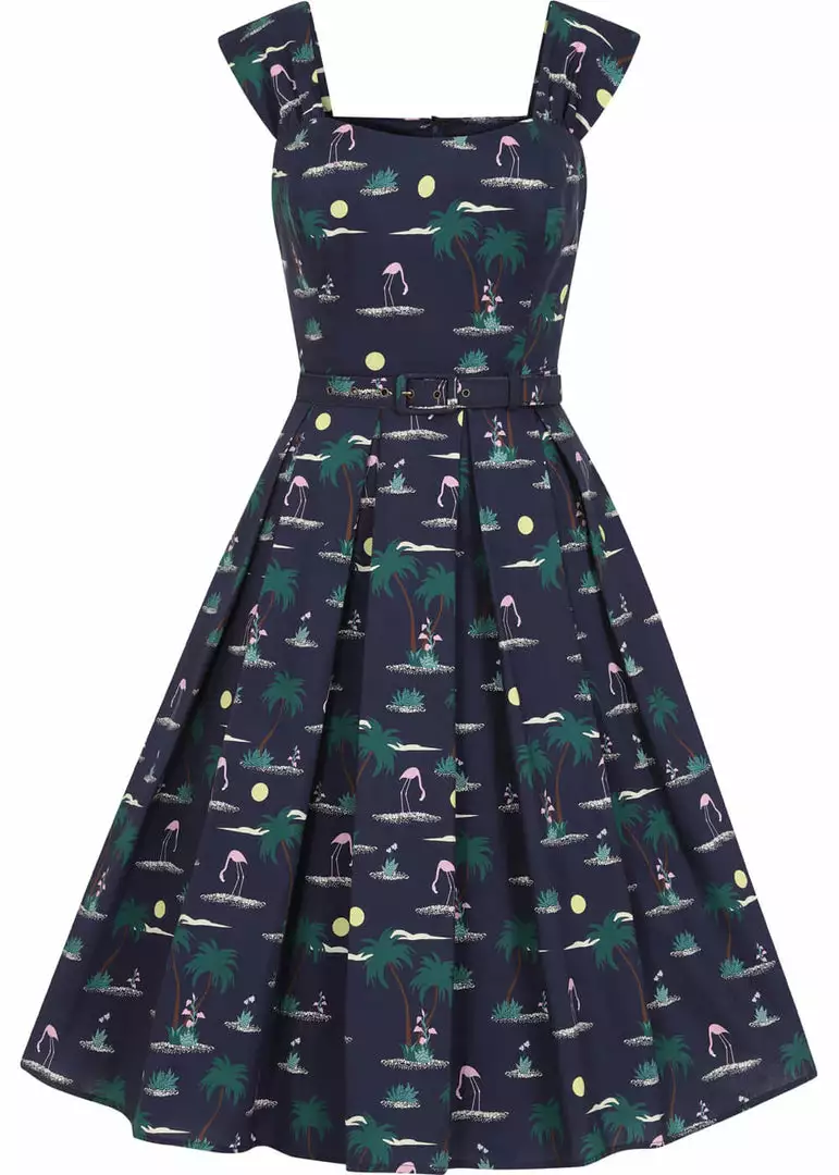 New In Collectif Jill Flamingo Palm 50's Swing Dress Navy 3 New In Collectif Jill Flamingo Palm 50's Swing Dress Navy