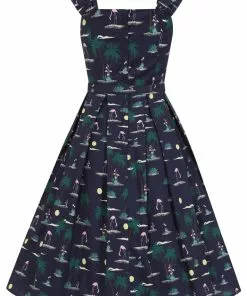 New In Collectif Jill Flamingo Palm 50's Swing Dress Navy 10 New In Collectif Jill Flamingo Palm 50's Swing Dress Navy