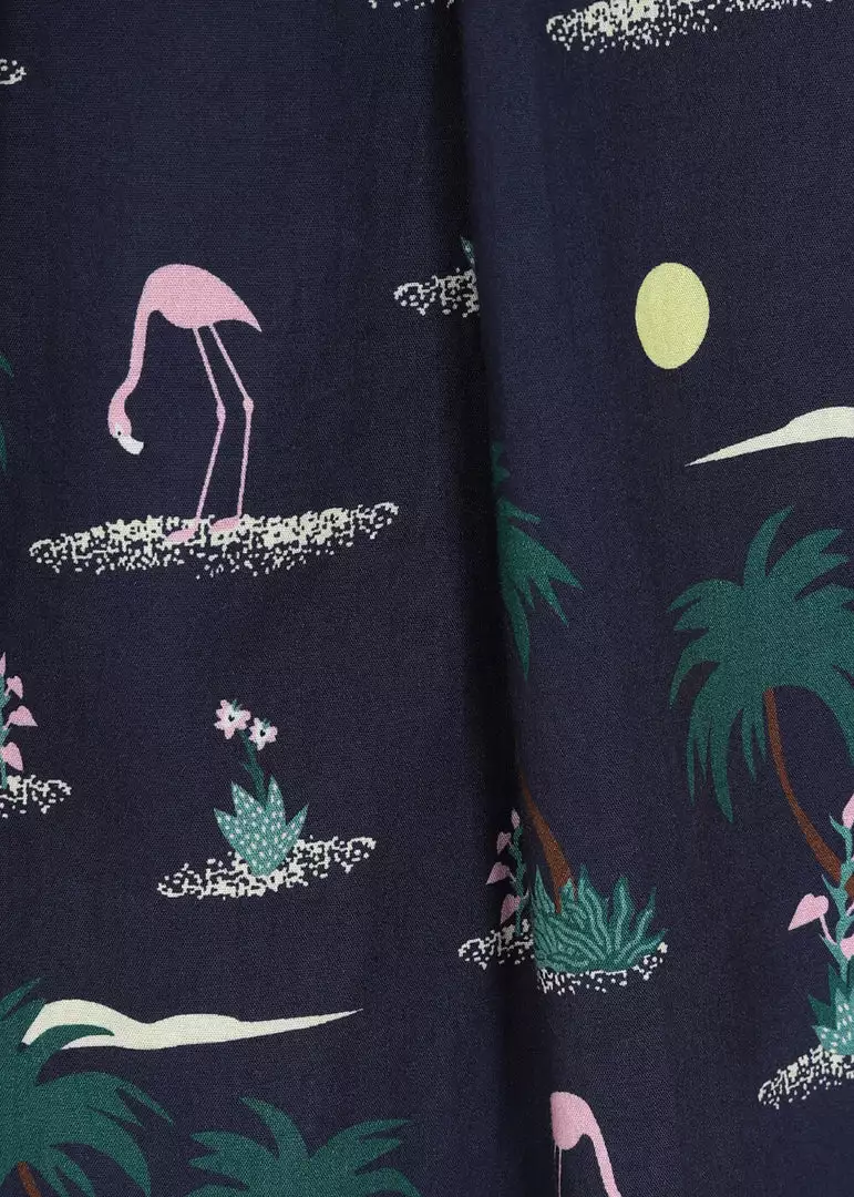 New In Collectif Jill Flamingo Palm 50's Swing Dress Navy 7 New In Collectif Jill Flamingo Palm 50's Swing Dress Navy