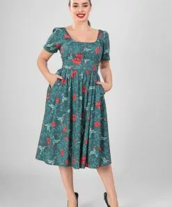 New In Collectif Giada Hummingbird Eden 50's Swing Dress Teal