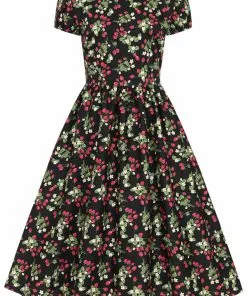 New In Collectif Demira Wild Strawberries 50's Swing Dress Black
