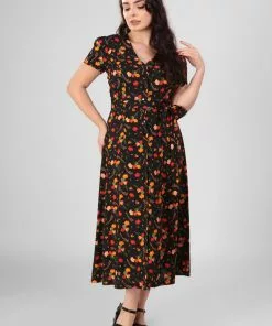 New In Collectif Riley Ditsy Tulip Bloom 40's Dress Black