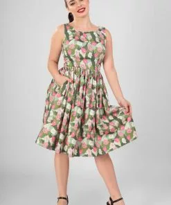 New In Collectif Candice Palm Blush Floral 50's Swing Dress Green