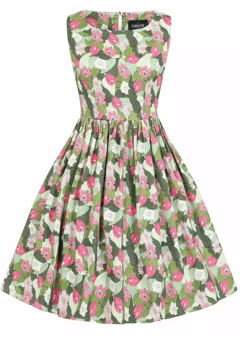 New In Collectif Candice Palm Blush Floral 50's Swing Dress Green 3 New In Collectif Candice Palm Blush Floral 50's Swing Dress Green