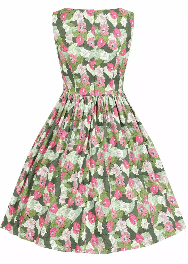 New In Collectif Candice Palm Blush Floral 50's Swing Dress Green 5 New In Collectif Candice Palm Blush Floral 50's Swing Dress Green