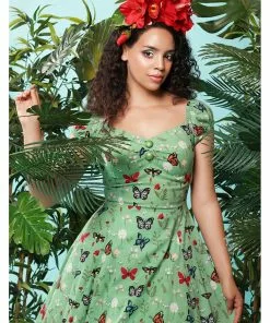 Collectif Dolores Butterfly 50's Swing Dress Green