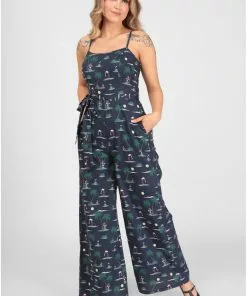 New In Collectif Edda Flamingo 70's Palm Jumpsuit Navy Blue