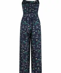 New In Collectif Edda Flamingo 70's Palm Jumpsuit Navy Blue