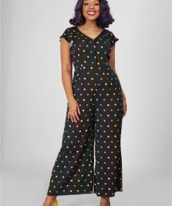 Collectif Thelma Rainbow Polka Dot 70's Jumpsuit Black