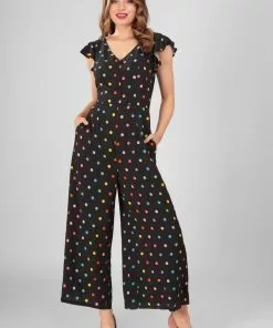 Collectif Thelma Rainbow Polka Dot 70's Jumpsuit Black
