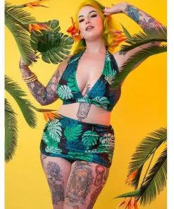 Collectif X Playful Promises Green Palm 50's Bikini Top Multi Colour New In