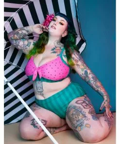 New In Collectif X Playful Promises Watermelon Knot 50's Bikini Top Pink Green
