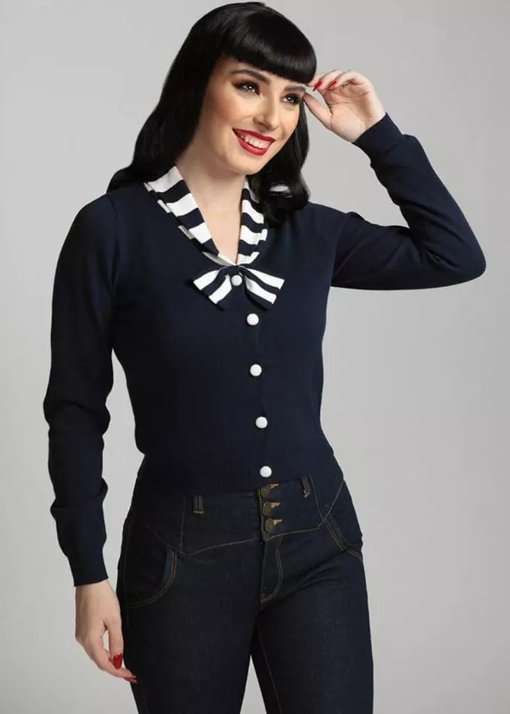 Collectif Doreen 40's Cardigan Navy White New In 4 Collectif Doreen 40's Cardigan Navy White New In