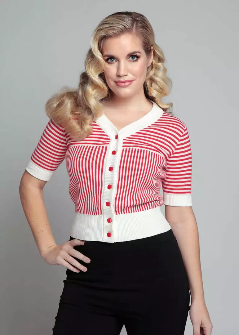 New In Collectif Ludovica Striped 40's Cardigan Red White 7 New In Collectif Ludovica Striped 40's Cardigan Red White