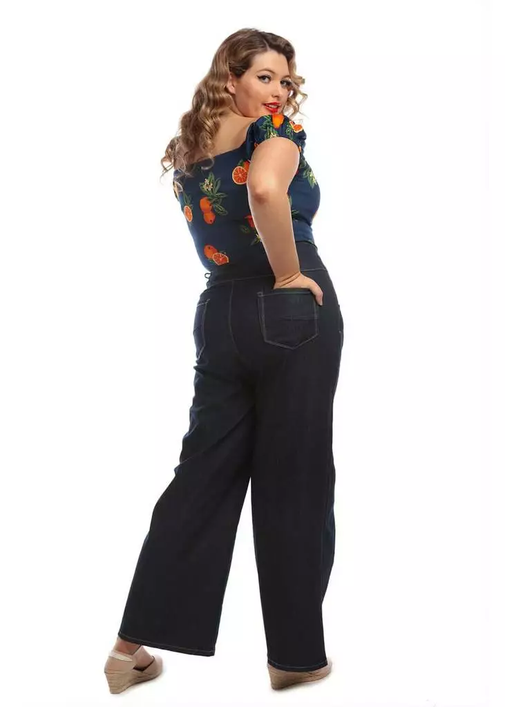 Collectif Rebel Kate Wide Leg 50's Jeans Navy Blue 6 Collectif Rebel Kate Wide Leg 50's Jeans Navy Blue