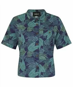 Collectif Lou Lou Cool Palm 50's Blouse Navy Colour New In