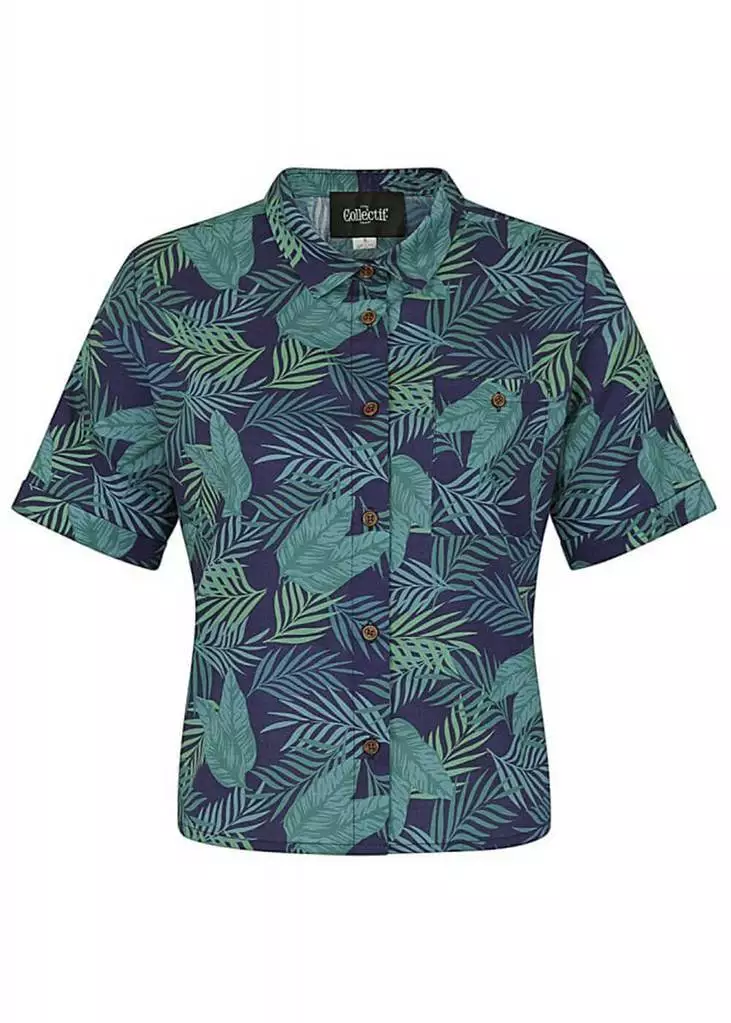 Collectif Lou Lou Cool Palm 50's Blouse Navy Colour New In 3 Collectif Lou Lou Cool Palm 50's Blouse Navy Colour New In